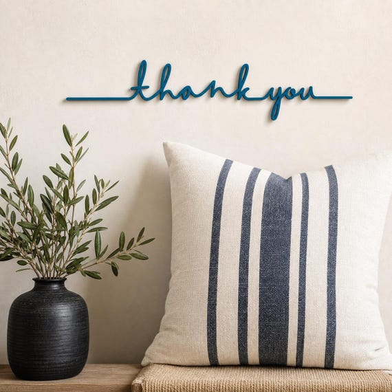 Thank You Script wall art in Lake Blue in a contrasting showcase room