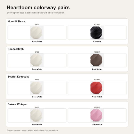 Heartloom colorway pairs showing the exact colors used in each selectable option