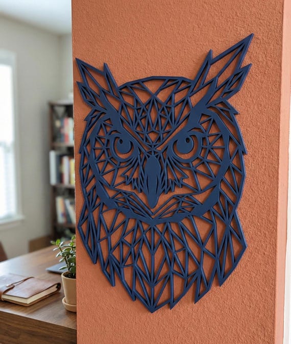 Geometric Owl Wall Art: 1/2" thick relief art, multiple colors, ready to hang, shown in an additional close-up listing view with visible shape and details.
