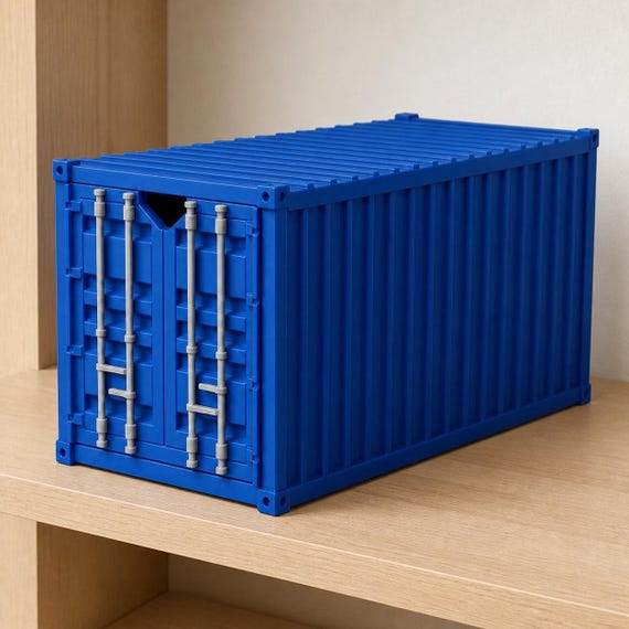 Close three-quarter view of the Cobalt Blue HarborGrid storage drawer on a pale wood office shelf