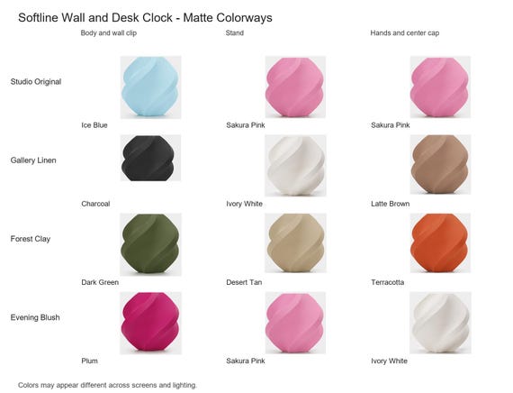 Softline Wall and Desk Clock matte colorway guide showing four named combinations with exact component and color assignments.