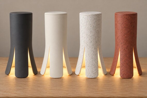 Four Lunareth lamps in Charcoal, Bone White, White Marble and Red Granite, each with a matching top and warm light beneath its flared feet.