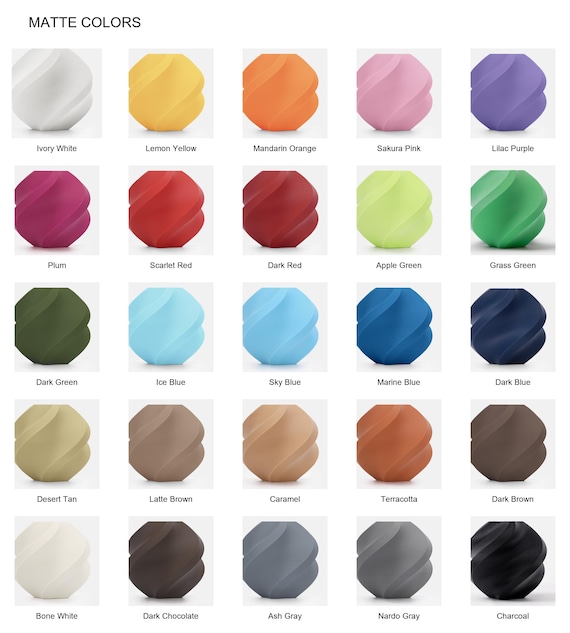 Full matte color guide with 25 labeled color samples on a white background.