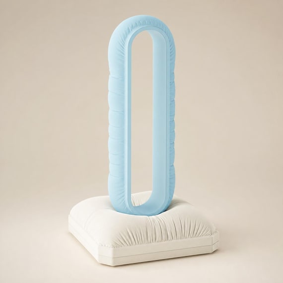 Close-up of the CushionLoop Classic Base headphone stand in Ice Blue and Bone White