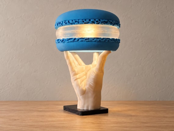 Patisserie Macaron Hand Lamp, Dimmable USB LED Light, Custom Colors, Sculptural Table Decor