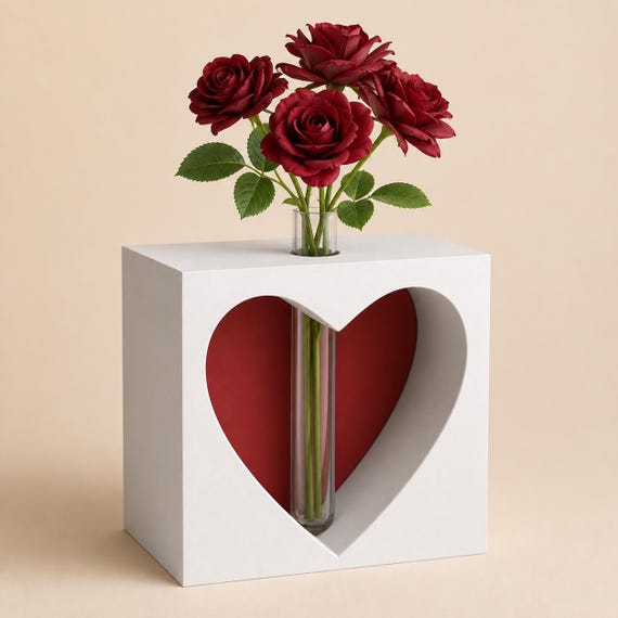 Three-quarter view of the white Keepsake Heart Bud Vase showing its depth and beveled opening