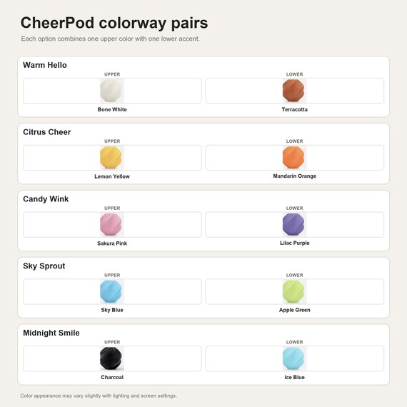 CheerPod colorway pairs showing the exact colors used in each selectable option