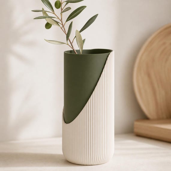 Curveveil sculptural vase in Bone White and Dark Green Sage Gallery colors