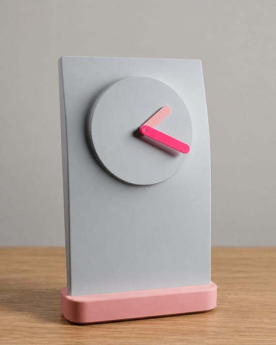 Softline Wall and Desk Clock in a tighter source-referenced angled view on oak, showing the raised round dial and pink base.