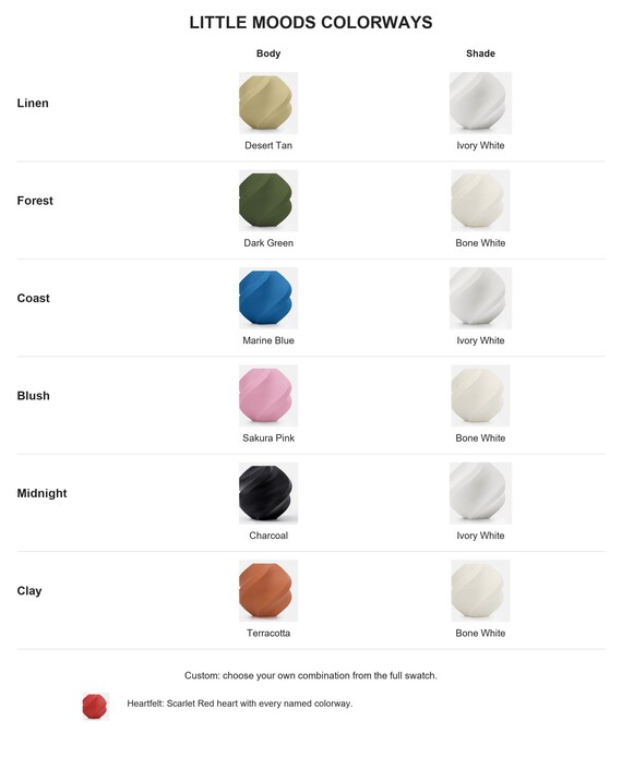 Little Moods named colorways with exact labeled supplier color samples for body and shade.