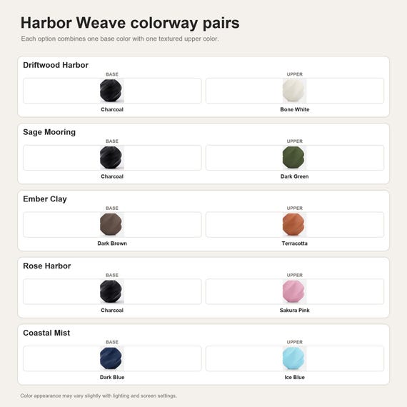 Harbor Weave colorway pairs showing the exact colors used in each selectable option