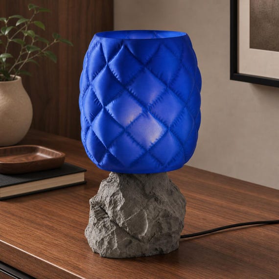 CloudCrag quilted desk lamp with Cobalt Blue shade, Gray rock pedestal, and Wired USB LED