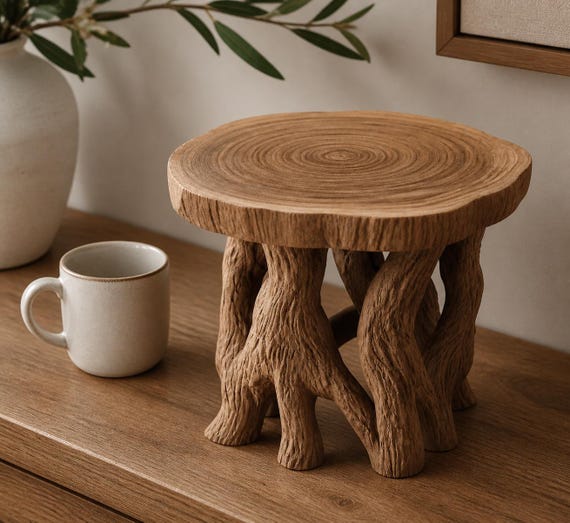 Rootweave miniature display pedestal from a second angle beside a smaller mug, wood-grain-look top and brown base
