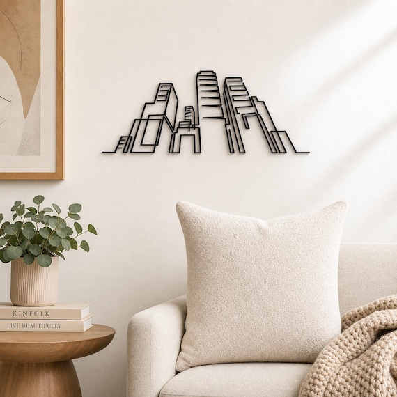 Modern City Skyline Continuous Line Wall Art, 12 Inch Minimalist Wall Sculpture, Modern Home Decor, Custom Color