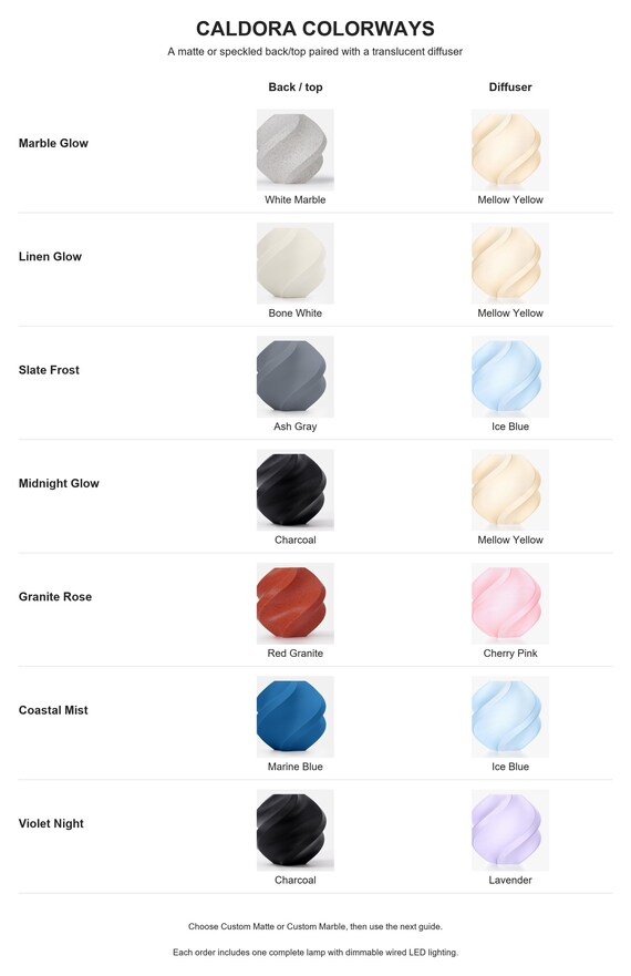 Caldora colorway chart with seven named pairs, showing the exact back/top finish and translucent diffuser color for each.