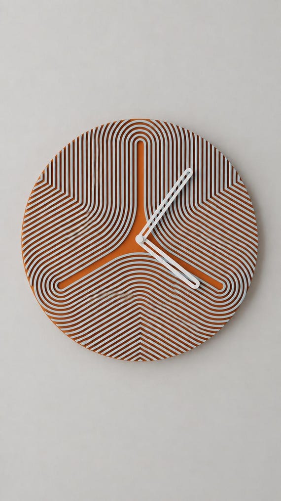 Triripple Wall Clock, blue curved ribs over a rust-colored round face with white hands, close-up on a gray wall from the source photograph viewpoint.