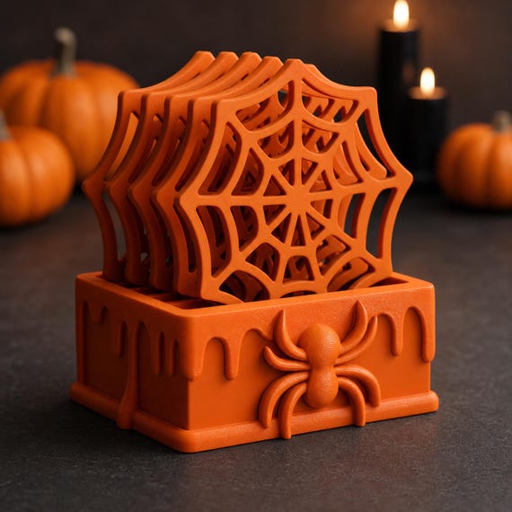 Close-up of the complete Pumpkin Orange WebWarden five-coaster set in a Halloween tabletop scene