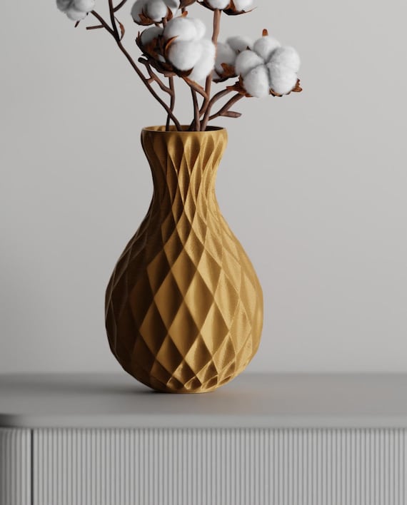LatticeGourd Sculptural Vase, Tall Geometric Flower Holder, Narrow Neck Quilted Shelf Decor, 5 Sizes, 30 Standard Colors