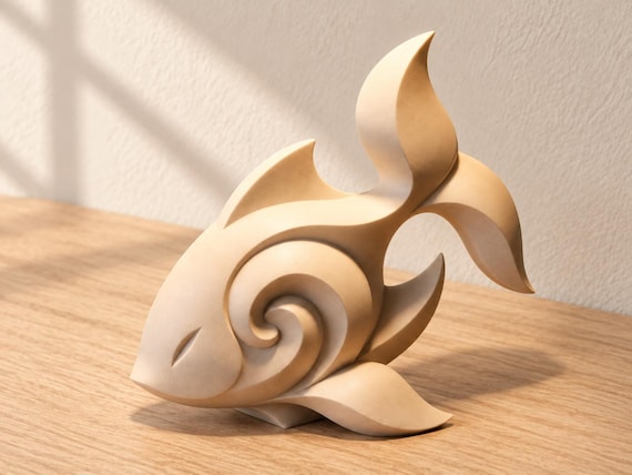 Cream-gold koi fish sculpture, close-up alternate camera angle on pale oak against an ivory wall.