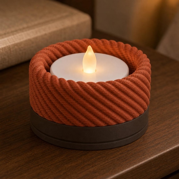 Harbor Weave LED tealight holder in the Dark Brown and Terracotta Ember Clay colorway