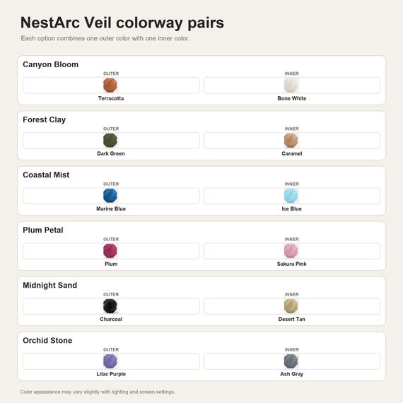 NestArc Veil colorway pairs showing the exact colors used in each selectable option