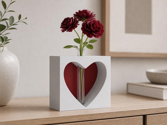 Keepsake Heart Bud Vase displayed on a light wood console with a small burgundy flower arrangement