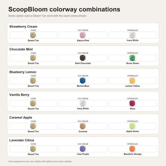 ScoopBloom colorway combinations showing the exact colors used in each selectable option