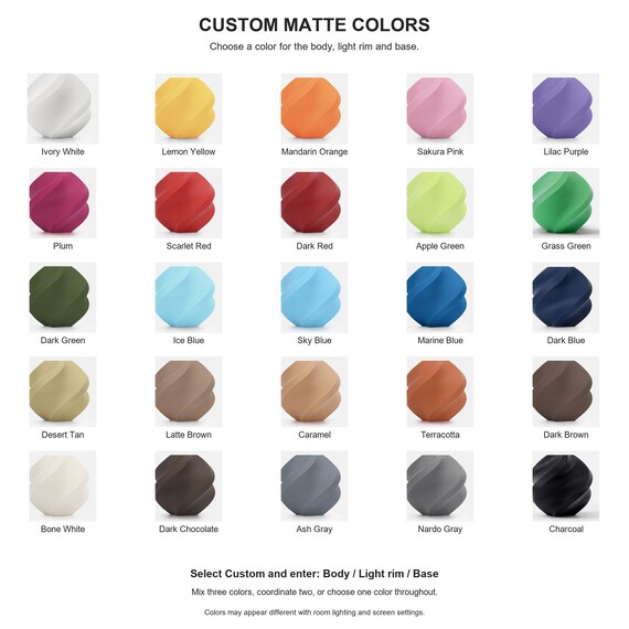 Custom matte color chart with 25 labeled colors and instructions to select body, light rim and base colors.