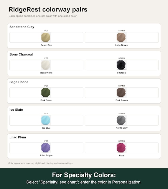 Named colorway swatch showing each option. For Specialty Colors: Select "Specialty: see chart"; enter the color in Personalization.