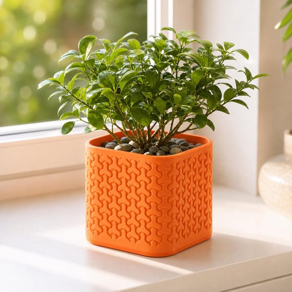 Close-up of a medium TriLoom geometric planter in Mandarin Orange with a leafy plant
