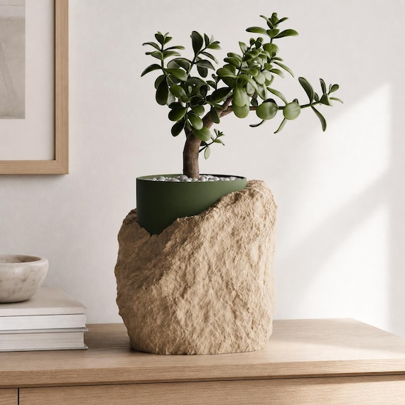 StoneVeil Rock Texture Planter, Two Tone Sculptural Indoor Plant Pot, Rugged Stone Look, 3 Sizes, 5 Matte Colorways