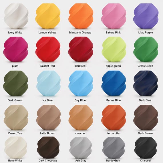 Labeled swatch of the twenty-five available matte planter colors