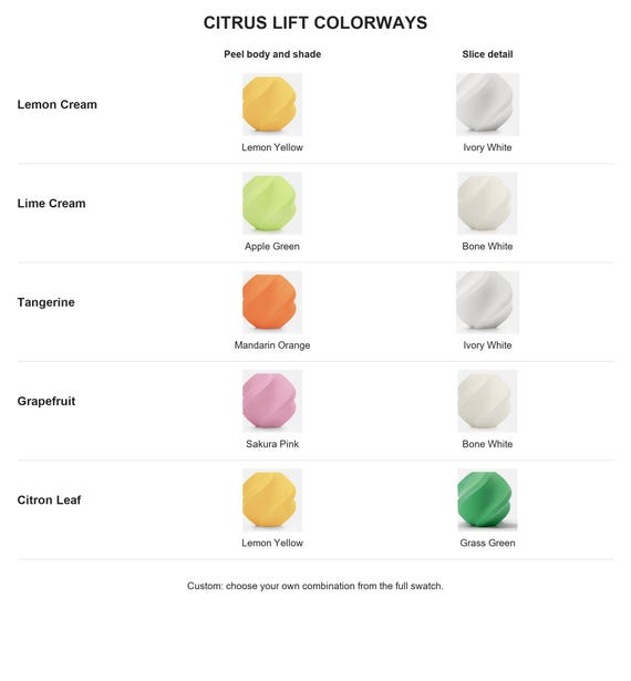 Citrus Lift named colorways with exact labeled supplier color samples for peel body and shade and slice detail.