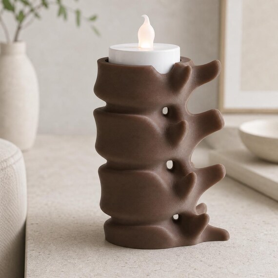 Cocoa Brown tall SpineGlow holder showing the recessed LED tealight cup and sculptural profile