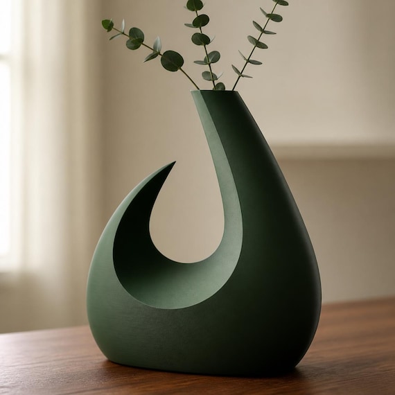 Close-up of the Solstice Arc vase in Dark Green with eucalyptus on a walnut surface