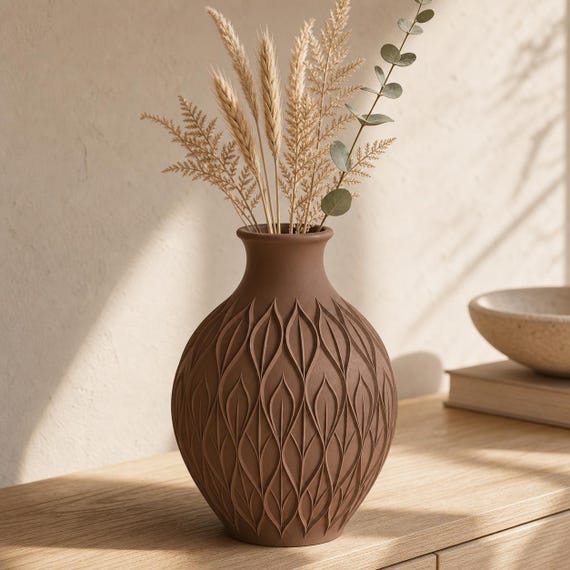 Close-up of the Cocoa Brown CanopyMuse botanical vase with wheat and dried fern stems