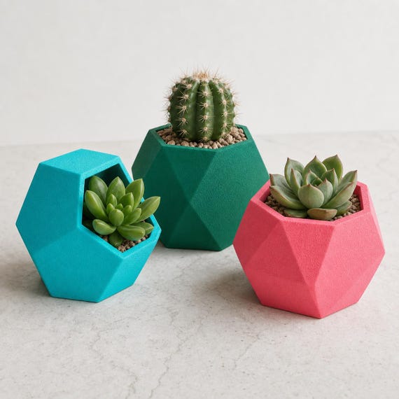 Alternate close-up of the three planter styles in Mistletoe Green, Turquoise, and Pink
