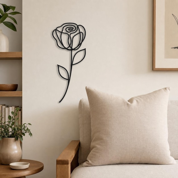 Single Rose Continuous Line Wall Art, 12 Inch Minimalist Wall Sculpture, Modern Home Decor, Custom Color