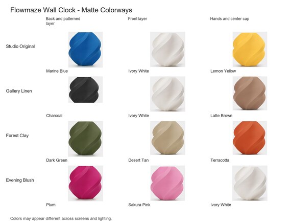 Flowmaze Wall Clock matte colorway guide showing four named combinations with exact component and color assignments.