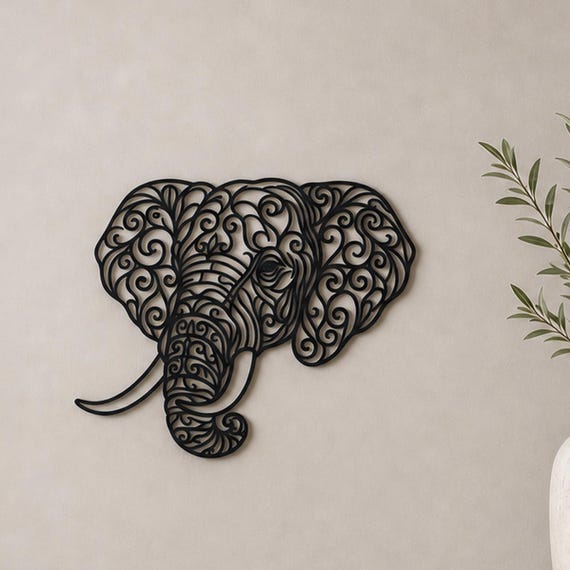 Elephant Head Filigree Wall Art, Ornate Animal Wall Decor, 12 Inch Unframed Sculpture