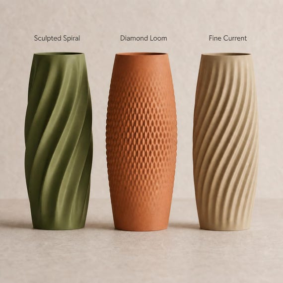 Close-up comparison of the Sculpted Spiral, Diamond Loom, and Fine Current vase styles