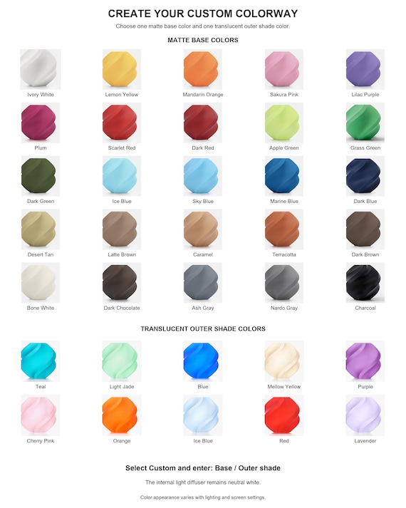 Custom Orivelle guide with 25 matte base colors and 10 translucent outer shade colors; the internal diffuser remains neutral white.