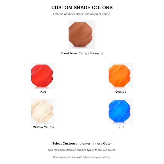 Emberkin custom shade guide with exact Red, Orange, Mellow Yellow and Blue samples for inner and outer shades, plus the fixed Terracotta base sample.