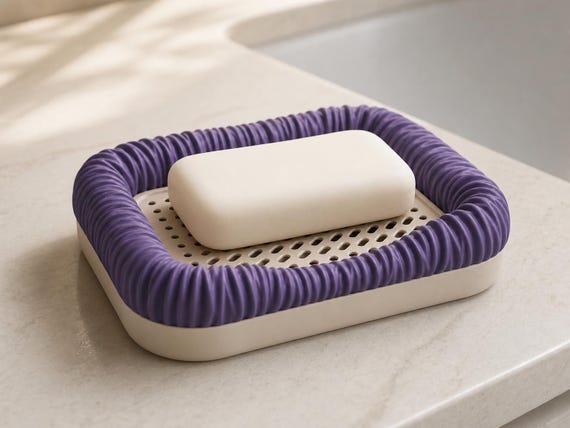 Close-up bathroom scene with an Indigo Purple DrapeNest soap dish and ivory bar soap