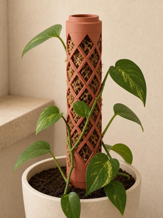 Three-quarter close-up of the Terracotta Rootspire diamond-lattice plant support