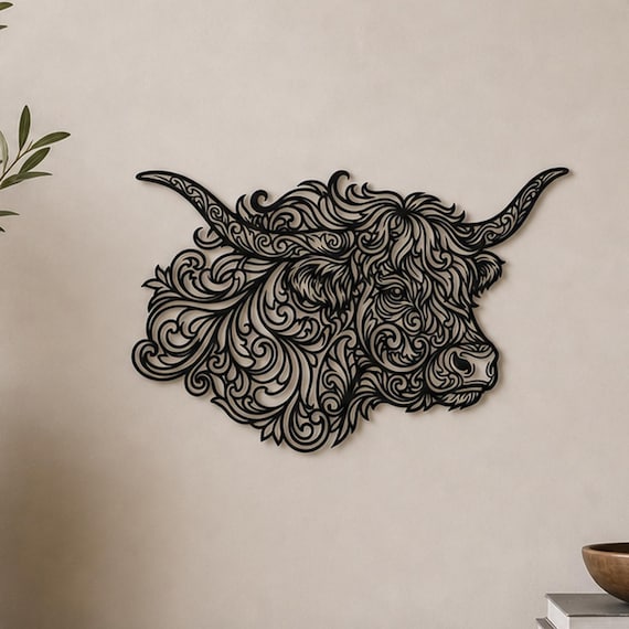 Highland Cow Profile Filigree Wall Art, Ornate Animal Wall Decor, 12 Inch Unframed Sculpture