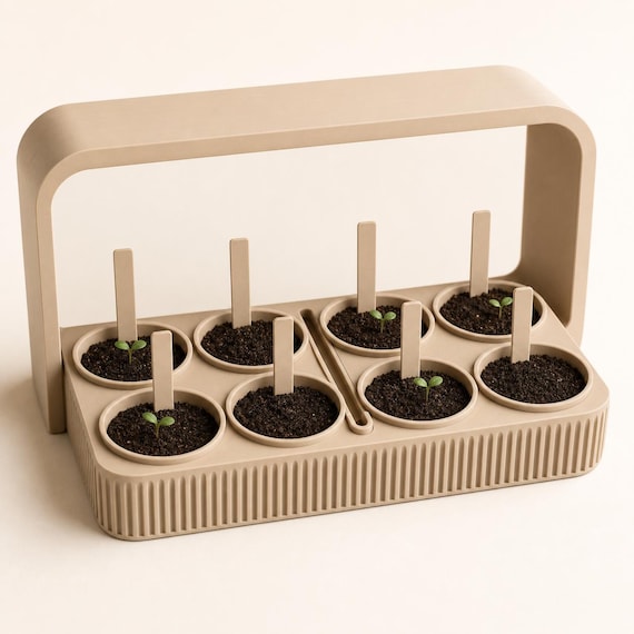 Seedhaven 8 Cell Seed Starter Tray, Central Watering Germination Station, Plant Label Nursery Kit, 25 Matte Colors