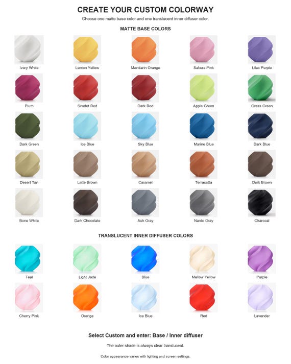 Custom Rillora guide with 25 labeled matte base colors and 10 translucent inner diffuser colors; outer shade stays clear translucent.