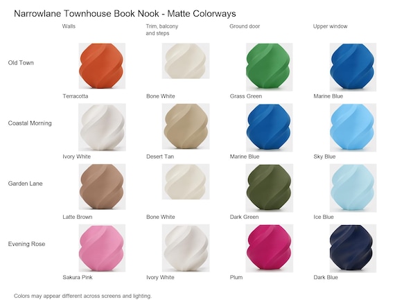 Matte colorway guide for Narrowlane Townhouse Book Nook, showing the exact colors assigned to each component.