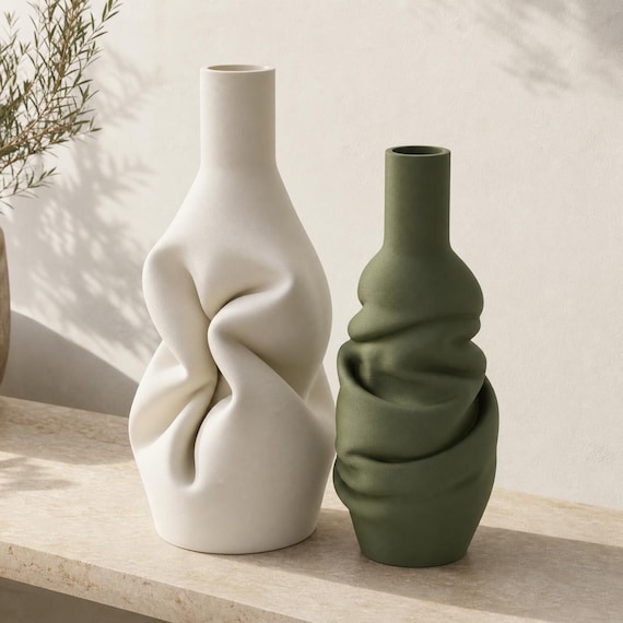 DrapeForm Sculptural Vase Collection, Fabric Fold Flower Holder, Modern Organic Decor, 2 Styles, 25 Matte Colors